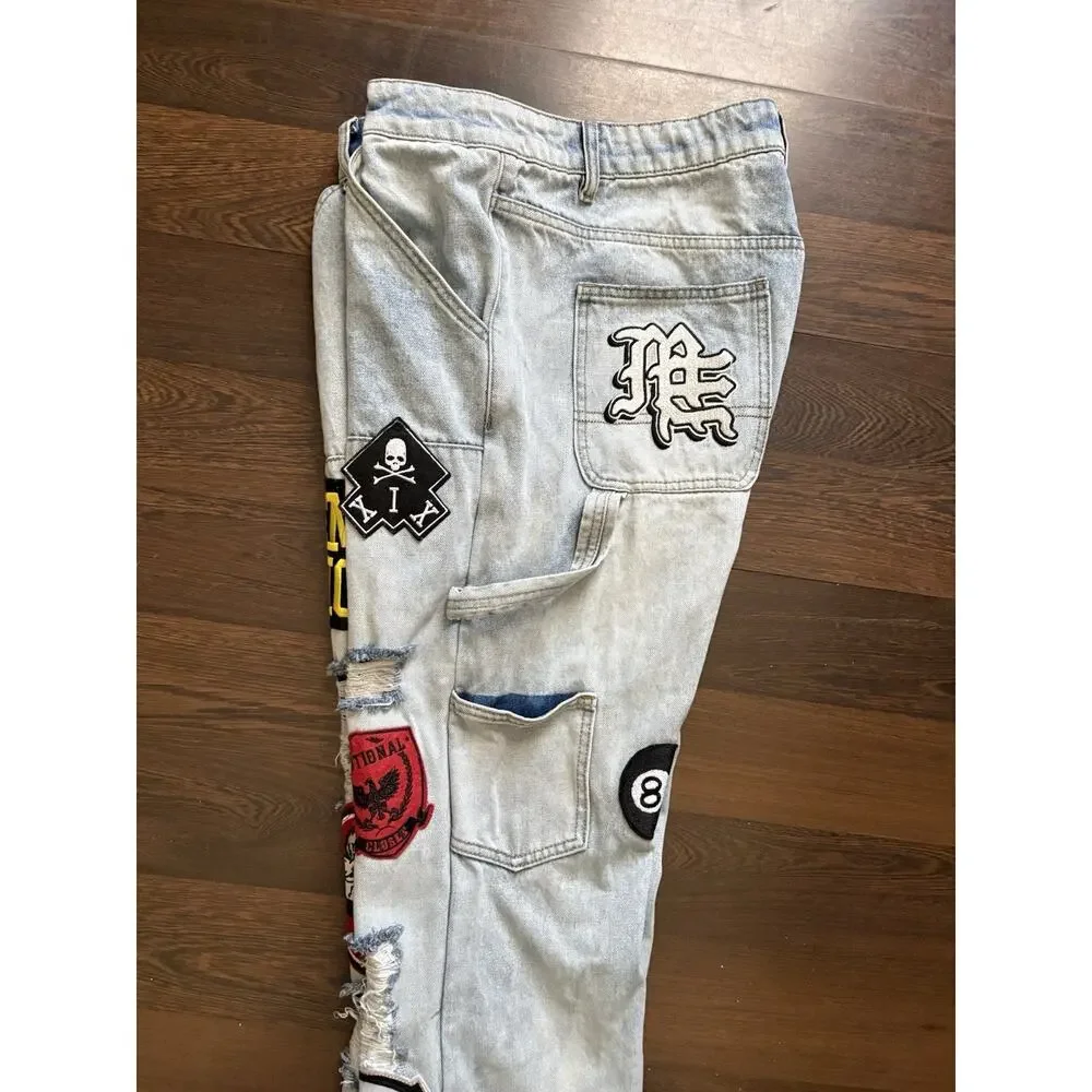 Mixed Emotion “Worker” Jeans Patchwork Graphic Light Wash Streetwear Denim 34/35